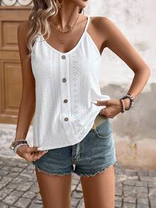 Brillora Women's Vacation Floral Embroidery Button Decorated Camisole Top - White - View 5