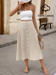 Brillora Button Front Flare Skirt - Khaki - View 1