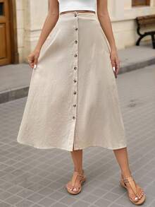 Brillora Button Front Flare Skirt - Khaki - View 3