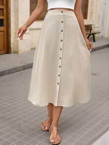 Brillora Button Front Flare Skirt - Khaki - View 5