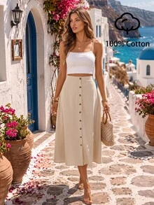 Brillora Button Front Flare Skirt - Khaki - View 7