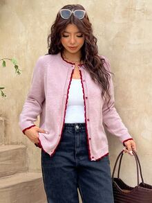 SHEIN Frenchy Große Größen Rundhals Strickjacke Pullover, Hellrosa Jacke Herbst Büro Formell Urlaub Business Lässig Baggy Elegant Arbeit Alltag Ausgehen Frauen - Pink - Übersicht 9