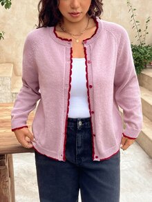 SHEIN Frenchy Große Größen Rundhals Strickjacke Pullover, Hellrosa Jacke Herbst Büro Formell Urlaub Business Lässig Baggy Elegant Arbeit Alltag Ausgehen Frauen - Pink - Übersicht 3