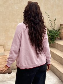 SHEIN Frenchy Große Größen Rundhals Strickjacke Pullover, Hellrosa Jacke Herbst Büro Formell Urlaub Business Lässig Baggy Elegant Arbeit Alltag Ausgehen Frauen - Pink - Übersicht 7