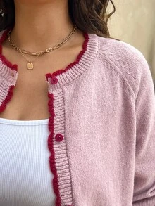 SHEIN Frenchy Große Größen Rundhals Strickjacke Pullover, Hellrosa Jacke Herbst Büro Formell Urlaub Business Lässig Baggy Elegant Arbeit Alltag Ausgehen Frauen - Pink - Übersicht 5