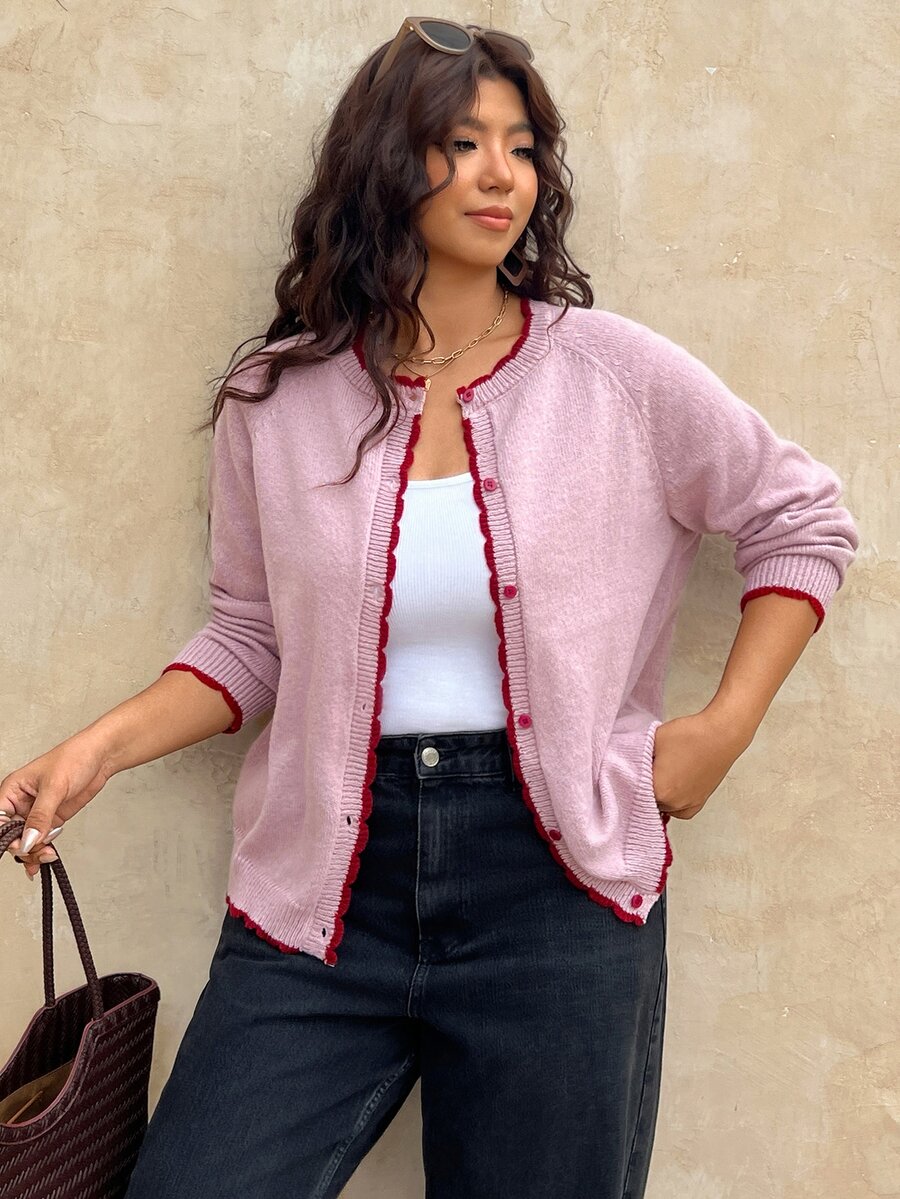 SHEIN Frenchy Große Größen Rundhals Strickjacke Pullover, Hellrosa Jacke Herbst Büro Formell Urlaub Business Lässig Baggy Elegant Arbeit Alltag Ausgehen Frauen