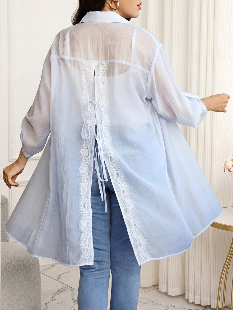 SHEIN Clasi Plus Size Lace Trim Back Slit Tie-Up Blouse - Blue - View 1