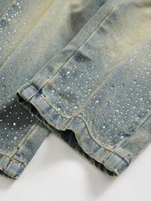 SHEIN Elladie kids 女童 1 件裝 水鑽裝飾彈性腰水洗寬腿牛仔褲 - 中等水洗藍 - 查看 5