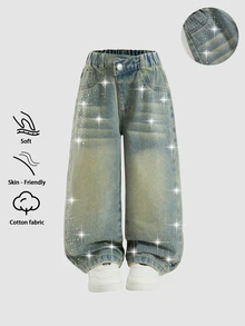 SHEIN Elladie kids 女童 1 件裝 水鑽裝飾彈性腰水洗寬腿牛仔褲 - 中等水洗藍 - 查看 7