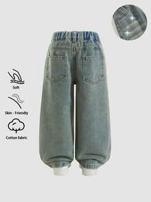 SHEIN Elladie kids 女童 1 件裝 水鑽裝飾彈性腰水洗寬腿牛仔褲 - 中等水洗藍 - 查看 2