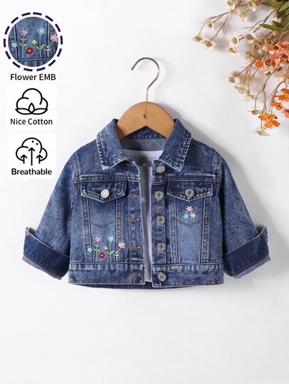 SHEIN Girls' Denim Jacket, Deep Blue Washed Denim, Colorful Floral Embroidery On Front, Metal Buttons And Collar Design, Suitable For Spring And Autumn Wear, Pairs With T-Shirts, Casual Pants Or Skirts, Suitable For Daily Outings, School Or Light Outdoor Scenes, Style Leaning Towards Fresh Sweet Or Street Casual