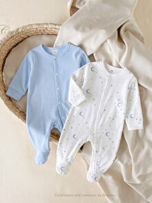 [Random 2pcs/7pcs] Newborn Baby Boys/Girls Long Sleeve Snap-Up Rompers, White, Autumn/Winter, Cute, Family Matching, Dinosaur, Elephant, Car, Cartoon - Multicolor - View 2