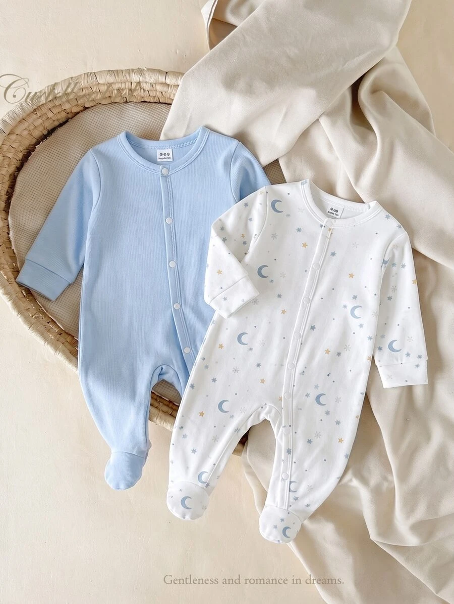 [Random 2pcs/7pcs] Newborn Baby Boys/Girls Long Sleeve Snap-Up Rompers, White, Autumn/Winter, Cute, Family Matching, Dinosaur, Elephant, Car, Cartoon