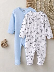 [Random 2pcs/7pcs] Newborn Baby Boys/Girls Long Sleeve Snap-Up Rompers, White, Autumn/Winter, Cute, Family Matching, Dinosaur, Elephant, Car, Cartoon - Multicolor - View 7