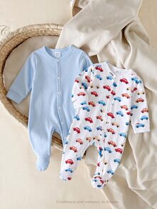 [Random 2pcs/7pcs] Newborn Baby Boys/Girls Long Sleeve Snap-Up Rompers, White, Autumn/Winter, Cute, Family Matching, Dinosaur, Elephant, Car, Cartoon - Multicolor - View 6