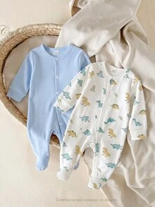 [Random 2pcs/7pcs] Newborn Baby Boys/Girls Long Sleeve Snap-Up Rompers, White, Autumn/Winter, Cute, Family Matching, Dinosaur, Elephant, Car, Cartoon - Multicolor - View 8