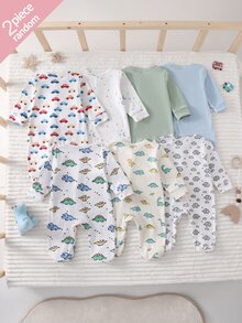 [Random 2pcs/7pcs] Newborn Baby Boys/Girls Long Sleeve Snap-Up Rompers, White, Autumn/Winter, Cute, Family Matching, Dinosaur, Elephant, Car, Cartoon - Multicolor - View 3