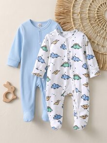 [Random 2pcs/7pcs] Newborn Baby Boys/Girls Long Sleeve Snap-Up Rompers, White, Autumn/Winter, Cute, Family Matching, Dinosaur, Elephant, Car, Cartoon - Multicolor - View 5