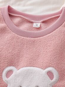 SHEIN 青少年時尚可愛熊刺繡圖案長袖長褲舒適抓絨布家居服套裝 粉色白色秋季可愛 - 粉色 - 查看 7