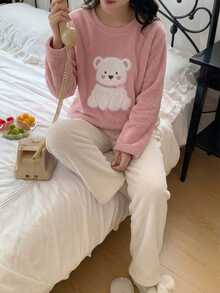 SHEIN 青少年時尚可愛熊刺繡圖案長袖長褲舒適抓絨布家居服套裝 粉色白色秋季可愛 - 粉色 - 查看 1