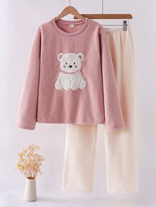 SHEIN 青少年時尚可愛熊刺繡圖案長袖長褲舒適抓絨布家居服套裝 粉色白色秋季可愛 - 粉色 - 查看 2