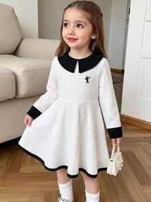 女童幼兒時尚休閒可愛米色收腰針織洋裝，適合秋冬、室內、戶外、派對、假日、日常穿著 - 米色 - 查看 4