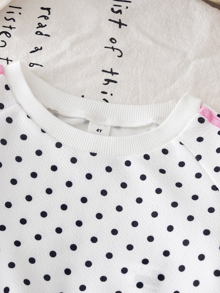 Girls (Small) Polka Dot Pink Bow Wide Leg Pants 2 Pieces Set, Top With Polka Dot Raglan Long Sleeve Round Neck, Pink Ribbon And Bow Accents On Shoulders, Bottom With Matching Polka Dot Wide Leg Pants And Pink Bow Accents On Hem, Suitable For Daily School, Neighborhood Walks, Short Trips, Casual Wear, Visiting Friends And Family, Outdoor Photo Shoots - White - View 9