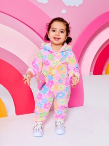SHEIN Playful Pals Baby Girls Cute Floral Pattern Jacquard Fleece Jumpsuit, Autumn/Winter - Pink - View 7