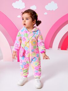 SHEIN Playful Pals Baby Girls Cute Floral Pattern Jacquard Fleece Jumpsuit, Autumn/Winter - Pink - View 5
