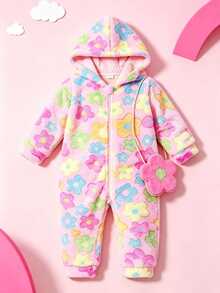 SHEIN Playful Pals Baby Girls Cute Floral Pattern Jacquard Fleece Jumpsuit, Autumn/Winter - Pink - View 4
