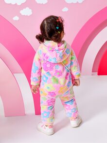 SHEIN Playful Pals Baby Girls Cute Floral Pattern Jacquard Fleece Jumpsuit, Autumn/Winter - Pink - View 2
