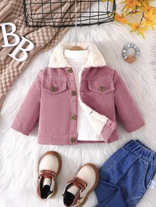 SHEIN Baby Girl Flap Detail Thermal Lined Corduroy Jacket Winter - Dusty Pink - View 1