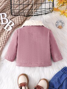SHEIN Baby Girl Flap Detail Thermal Lined Corduroy Jacket Winter - Dusty Pink - View 2