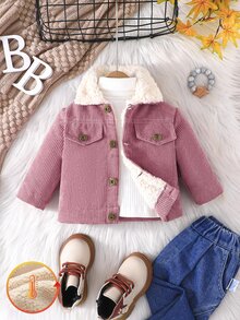 SHEIN Baby Girl Flap Detail Thermal Lined Corduroy Jacket Winter - Dusty Pink - View 3