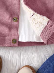 SHEIN Baby Girl Flap Detail Thermal Lined Corduroy Jacket Winter - Dusty Pink - View 6