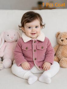SHEIN Baby Girl Flap Detail Thermal Lined Corduroy Jacket Winter - Dusty Pink - View 8