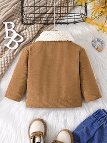 SHEIN 嬰兒女童男童翻蓋設計保暖內裡燈芯絨夾克外套 冬季 - 棕色 - 查看 2