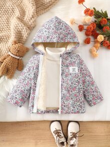 SHEIN Vintaside Kids 女嬰復古田園碎花連帽夾克，拉鍊開合，保暖內裡，休閒時尚冬季外套 - 淺粉色 - 查看 4