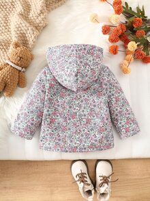SHEIN Vintaside Kids 女嬰復古田園碎花連帽夾克，拉鍊開合，保暖內裡，休閒時尚冬季外套 - 淺粉色 - 查看 3