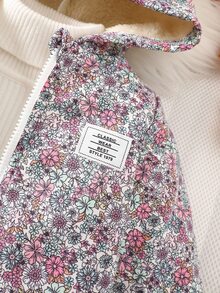 SHEIN Vintaside Kids 女嬰復古田園碎花連帽夾克，拉鍊開合，保暖內裡，休閒時尚冬季外套 - 淺粉色 - 查看 6