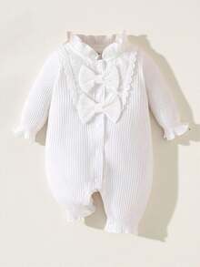 SHEIN Baby Girl Ruffle Trim Flare Sleeve Bow Front Jumpsuit - White - View 3