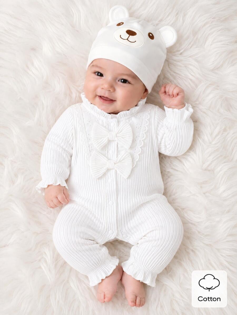 SHEIN Baby Girl Ruffle Trim Flare Sleeve Bow Front Jumpsuit - White - View 1