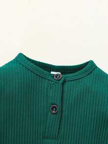 SHEIN Vintaside Kids 秋冬新生兒純色休閒簡約棉質坑條長袖連身衣，適合戶外穿著與戶外拍攝 - 墨綠色 - 查看 6
