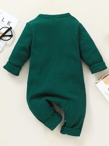 SHEIN Vintaside Kids 秋冬新生兒純色休閒簡約棉質坑條長袖連身衣，適合戶外穿著與戶外拍攝 - 墨綠色 - 查看 2