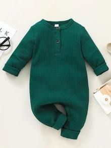 SHEIN Vintaside Kids 秋冬新生兒純色休閒簡約棉質坑條長袖連身衣，適合戶外穿著與戶外拍攝 - 墨綠色 - 查看 4