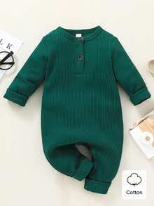 SHEIN Vintaside Kids 秋冬新生兒純色休閒簡約棉質坑條長袖連身衣，適合戶外穿著與戶外拍攝 - 墨綠色 - 查看 3