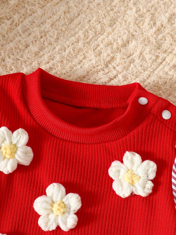 SHEIN Sweet Cute Casual Blue & White Striped Long Sleeve Top With Blue Pants And 3D Flower Decor Newborn Outfit - Red and White - View 6