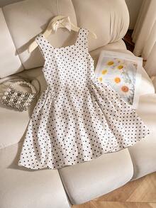 SHEIN Elladie kids 1件装 女童夏季新款露肩无袖波点印花连衣裙，V型露背设计，配有隐形拉链和可拆卸大蝴蝶结，百搭沙滩度假连衣裙 - 杏色 - 查看 6