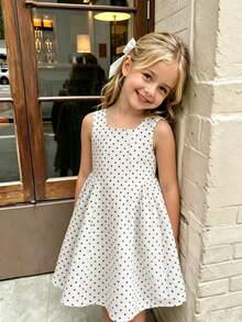 SHEIN Elladie kids 1件装 女童夏季新款露肩无袖波点印花连衣裙，V型露背设计，配有隐形拉链和可拆卸大蝴蝶结，百搭沙滩度假连衣裙 - 杏色 - 查看 4