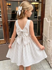 SHEIN Elladie kids 1件装 女童夏季新款露肩无袖波点印花连衣裙，V型露背设计，配有隐形拉链和可拆卸大蝴蝶结，百搭沙滩度假连衣裙 - 杏色 - 查看 3
